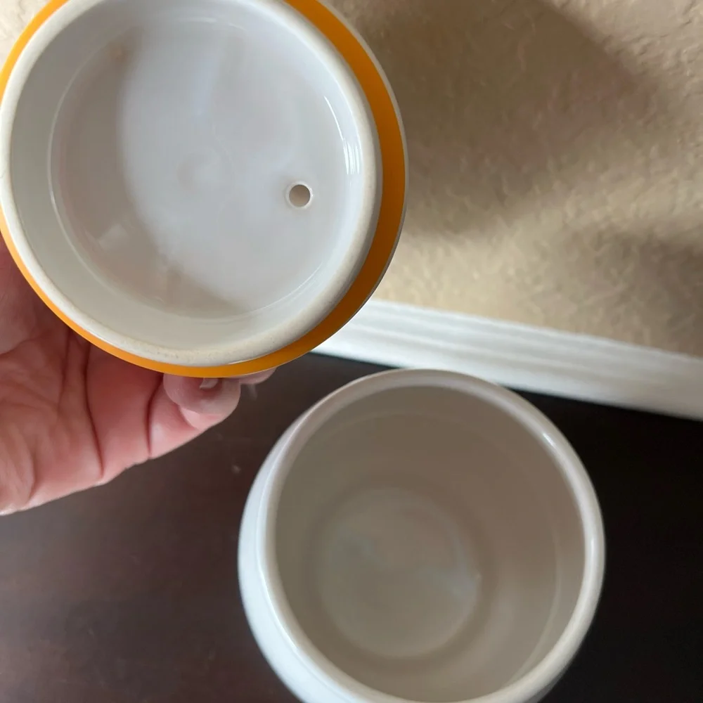 Vintage White Ceramic, Yellow/ Orange Sugar Bowl, Dish, Honey Jar, Pot, candy